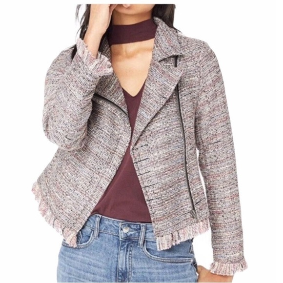 Cupcakes & Cashmere Multicolor Tweed Fringe Hem Moto Jacket Size XS - Picture 5 of 13